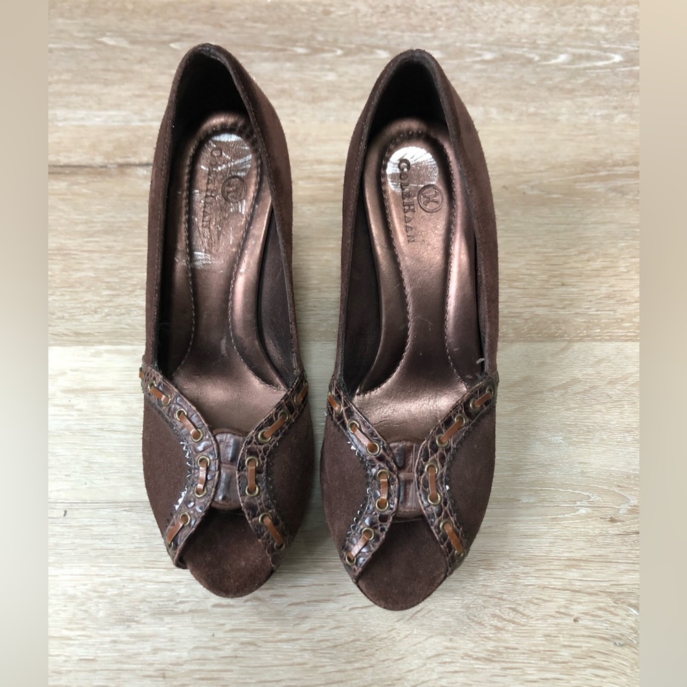 NWOT Cole Haan Brown Leather Suede Wooden Wedges, Size 6.5
